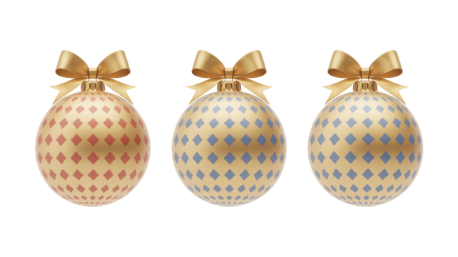 Elegant golden Christmas ornaments with festive diamond patterns and luxurious satin bows, perfect for holiday decorations and festive designs.
