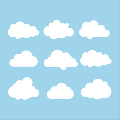 Fototapeta premium Set of White Cloud Shapes on Blue Sky, Flat Minimal Vector Illustration