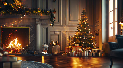 Fototapeta premium Cozy christmas celebration elegant living room digital art festive atmosphere warm lighting holiday spirit