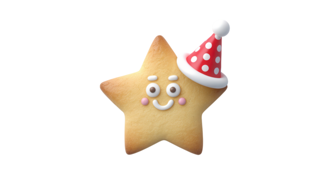 Joyful star cookie wearing a festive polka dot party hat, perfect for celebrations, holidays, and children's themes, bringing smiles and cheer.