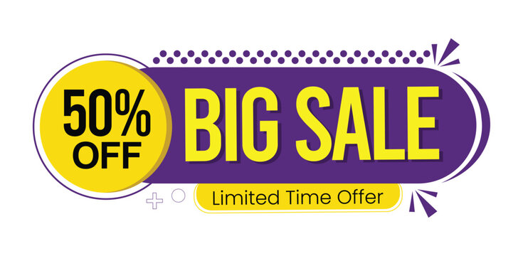 Big sale 50 off limited time offer banner with purple and yellow design