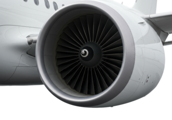 Extreme close-up of modern white jet engine intake with polished metallic fan blades and pristine fuselage, subtle motion blur, on transparent background. Concept of cutting-edge aerospace engineering