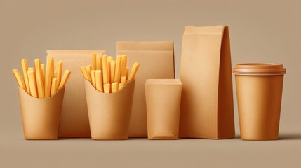 Eco paper packages in various sizes designed for takeout meals showcase a sustainable approach to food service, blending convenience with environmental responsibility