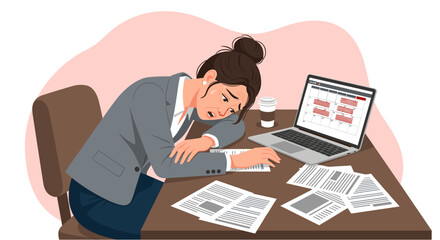 An adult Asian businesswoman is depicted experiencing stress and burnout while working at her desk, surrounded by documents and a laptop.