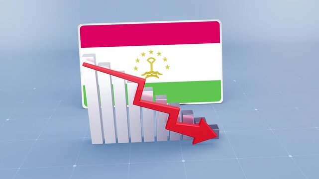Tajikistan Flag and Bar Chart Graph Showing Decreasing Values a Red Arrow Economic Crisis Concept