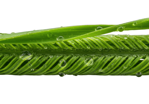 Green grass blades with succulent tips, glistening dew drops, resilient fibers, and microscopic textures, isolated on a transparent background with dramatic studio lighting. Concept of perfection