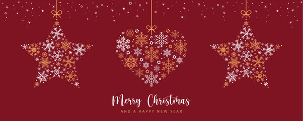 merry christmas card with hanging snowflakes stars and heart vector illustration