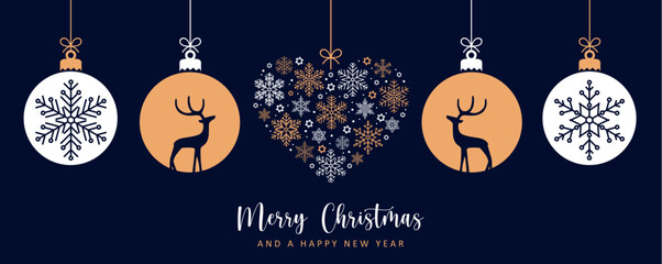 christmas greeting card with decorative christmas balls with reindeer vector illustration