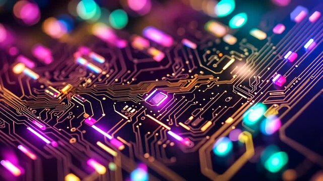 Digital abstract background, micro scheme closeup in neon light, CPU Processor Microchip, Advanced Technology Concept.