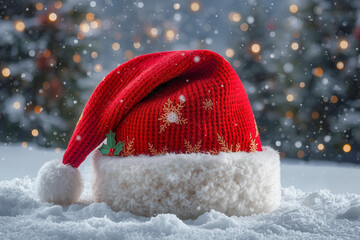 Red Santa had on snow floor with Christmas decoration in happy festival time