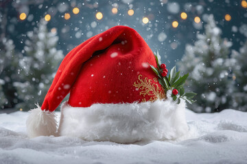 Red Santa had on snow floor with Christmas decoration in happy festival time