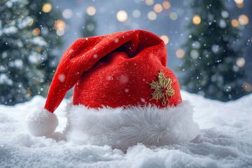 Red Santa had on snow floor with Christmas decoration in happy festival time