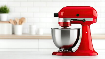 Fototapeta premium Vibrant red mixer with bowl showcased on stylish kitchen counter in a modern culinary setting