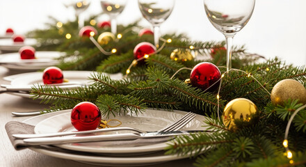 Christmas dinner table setting with decorated plates and pine branches  