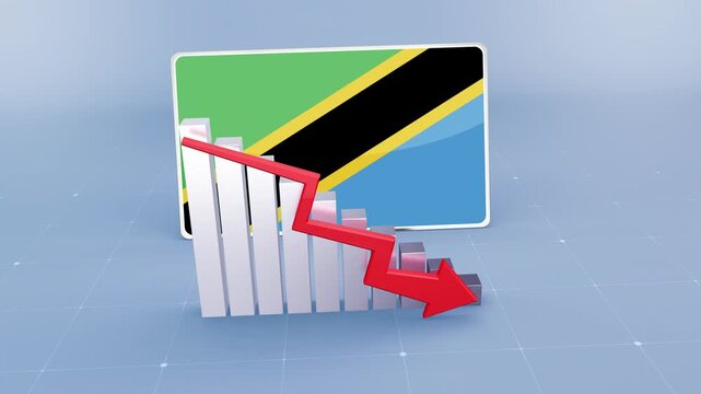 Tanzania Flag and Bar Chart Graph Showing Decreasing Values a Red Arrow Economic Crisis Concept