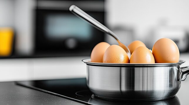 Fresh eggs being carefully placed into a saucepan on a sleek kitchen countertop for cooking