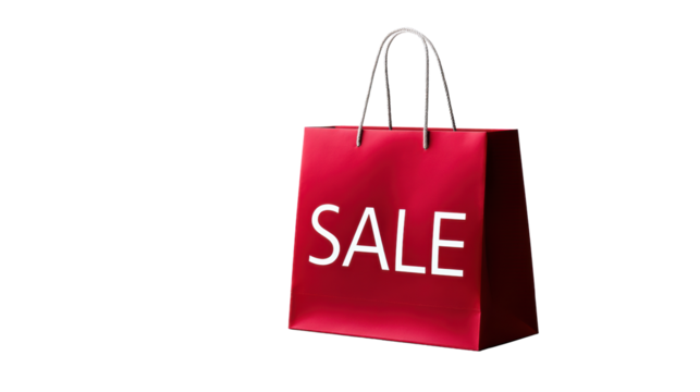 Red shopping bag with sale on transparent background