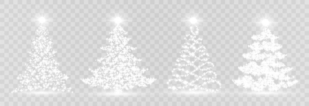 Vector Christmas tree made of glowing lights. Bright shiny Christmas light. Glittering lights in the form of a Christmas tree. White glowing spruce luxurious design. Vector on png background.