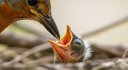 Naklejka premium Close-up of a mother bird feeding her hungry chick in a nest, showcasing the tender moment of parental care and the open beak of the young bird.