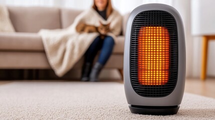Obraz na płótnie Canvas Cozy ambiance created by a modern electric heater warming a living room with a blanket-clad woman and her cat