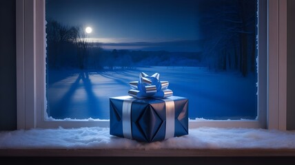A blue christmas gift box with a silver ribbon sits on a windowsill, overlooking a snowy winter landscape under the moonlight, creating a magical holiday scene