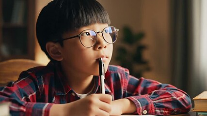 Young student with eyeglasses studies at desk holding pen looking towards education concept