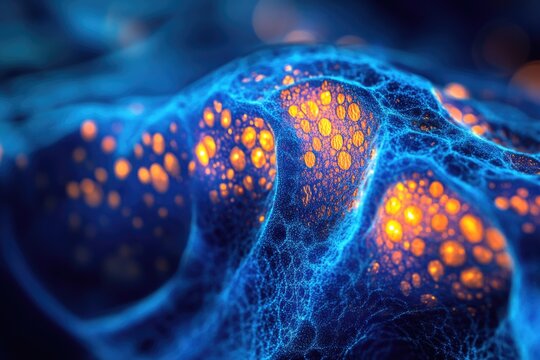 Dynamic abstract imagery showcasing luminous orange particles within a complex, interconnected blue network, resembling cellular structures or energy flow.