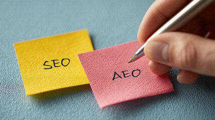 SEO and AEO concepts written on colorful sticky notes with hand holding pen to write on pink note, symbolizing digital marketing and strategy planning to boost online presence