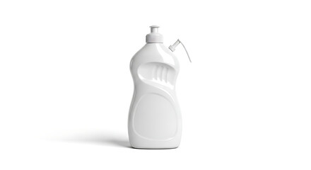 White plastic dish soap bottle with curved body and dispenser on white background liquid cleaning