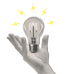 Trendy retro halftone collage elements hand holding light bulb,Creative idea generation or brainstorm concept