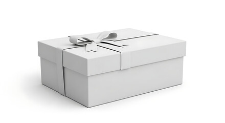 White Rectangular Gift Box with Light Grey Ribbon and Bow on White Background present