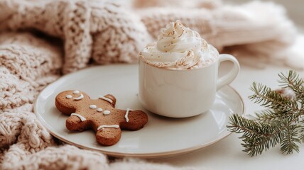 Hot chocolate with whipped cream and gingerbread cookie on cozy winter background, warm festive drink concept