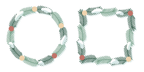 Vector wreath round and square frame with fir branches and ornaments, minimal flat design, simple modern Christmas decoration isolated on white background.