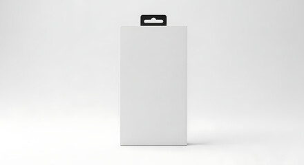 White retail packaging box with black hang tab on a light gray background product