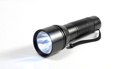 Black hand-held electric light emitting a bright beam on white background