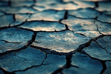 Fototapeta premium Close-up of severely cracked, parched earth, forming a mosaic of deep fissures. This arid landscape depicts drought and dry conditions with rough textures.