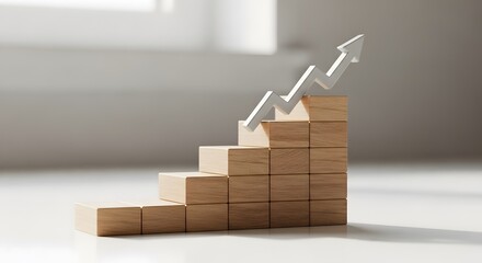Wooden blocks stacked to form a staircase with an arrow pointing upwards on a white surface indoors