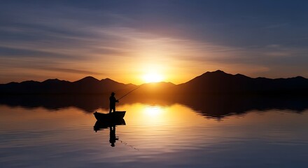 A lone fisherman casts his line into a serene lake as the sun sets behind distant mountains, painting the sky with vibrant hues of orange and yellow.