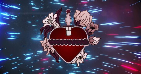 Showcasing stylized red heart, rope, dagger, flowers and streaking light rays on digital canvas