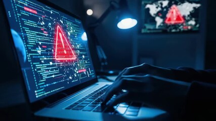 Hacker typing on a laptop displaying a red warning sign and code, cybersecurity concept - Powered by Adobe