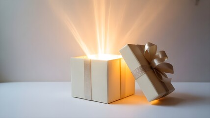 A white gift box with a silver ribbon sits open, light streaming out of it, creating a magical and festive atmosphere on a white surface