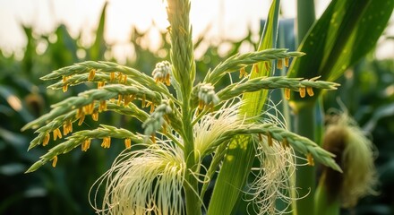 Obraz premium Close-up of corn tassel and silk in sunlit field during growth season