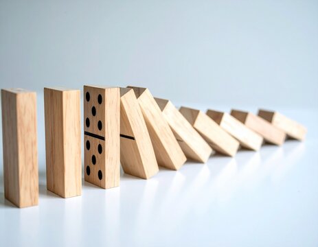 The Domino Effect A Series of Wooden Blocks Collapsing, Symbolizing Interconnected Business Challenges and Consequential Risk Management