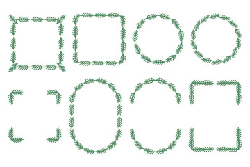 Vector set of rectangular and round frames and corners made of fir branches, minimal flat Christmas decoration isolated on white background