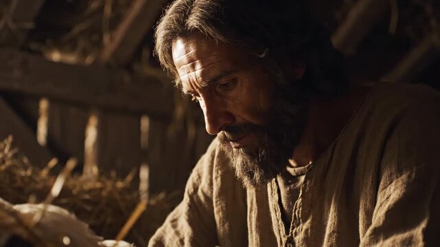 carpenter joseph looks with reverence at manger in rustic stable. biblical nativity scene. christmas story and christian holiday concept. religious illustration.