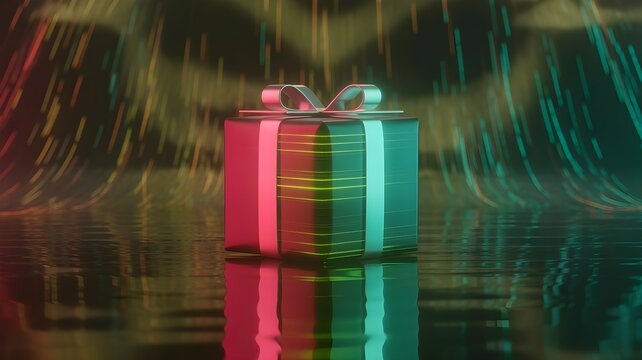 A vibrant and modern 3d render of a gift box with a reflective surface, set against an abstract background of colorful light trails, creating a futuristic and festive mood