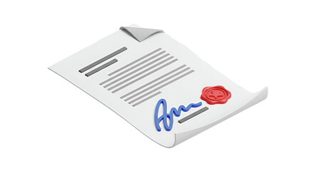 3d icon of contract document with signature and seal isolated on transparent background for legal agreement and validation