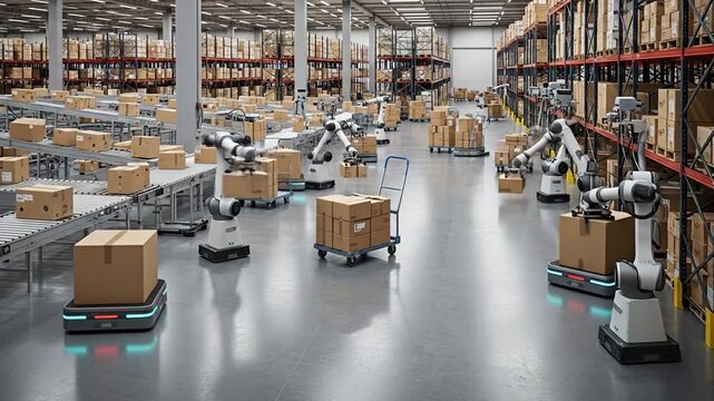 Automated warehouse efficiency with robotic arms and packed boxes in motion