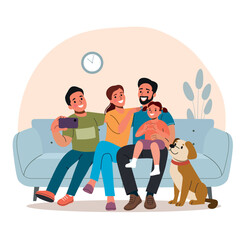 Mother and father with children and dog taking selfie on the sofa in the living room. Vector flat style illustration