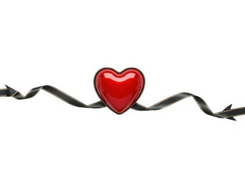 Red heart with black ribbon isolated on transparent background